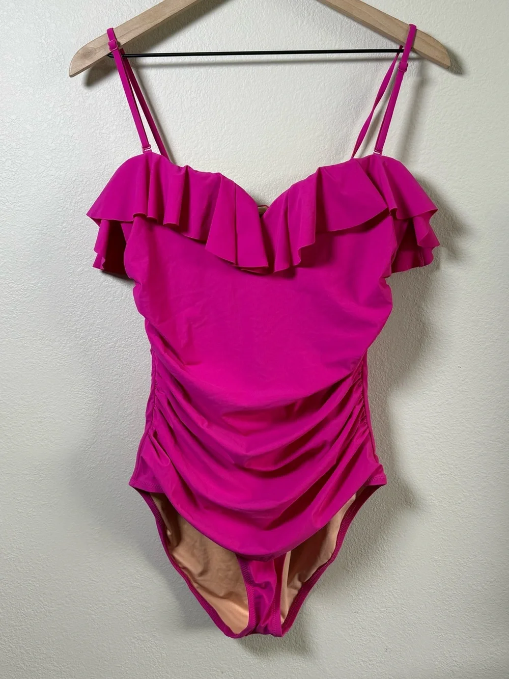 J Crew Matte Ruched Pink Ruffle One Piece Swimsuit Bathing Suit BX214 Size 12